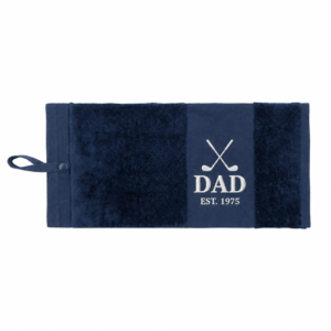 Personalised embroidered golf towel in Navy with white name embroidery