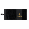 Personalised embroidered golf towel in black with gold name embroidery