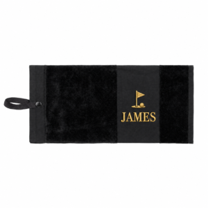 Personalised embroidered golf towel in black with gold name embroidery